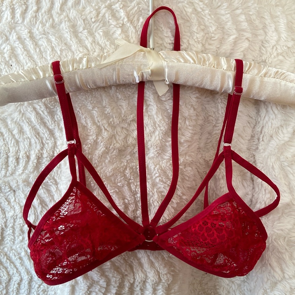 Strappy, red lace bra
